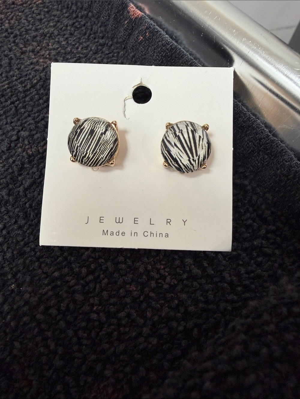 Black & White Striped Round Stud Earrings - Jewelry
